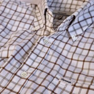 Faconnable Mens Brown White Tattersall Check Button Down Shirt Sz M Long Sleeve